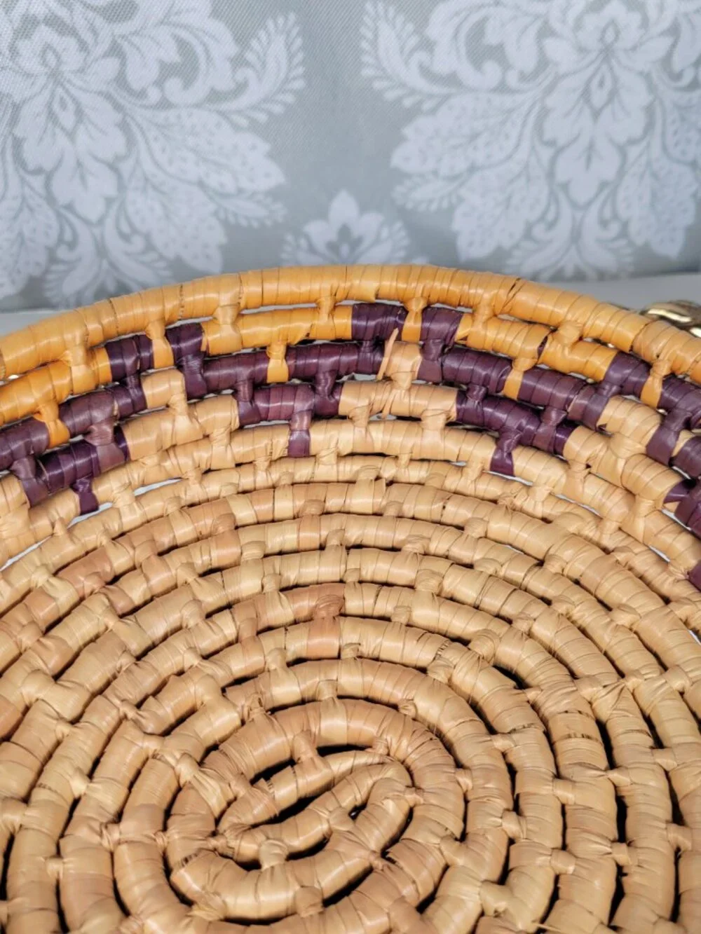 Vintage Open Coil Braided Woven Basket Southwestern Boho Steps Pattern Indigo Ye